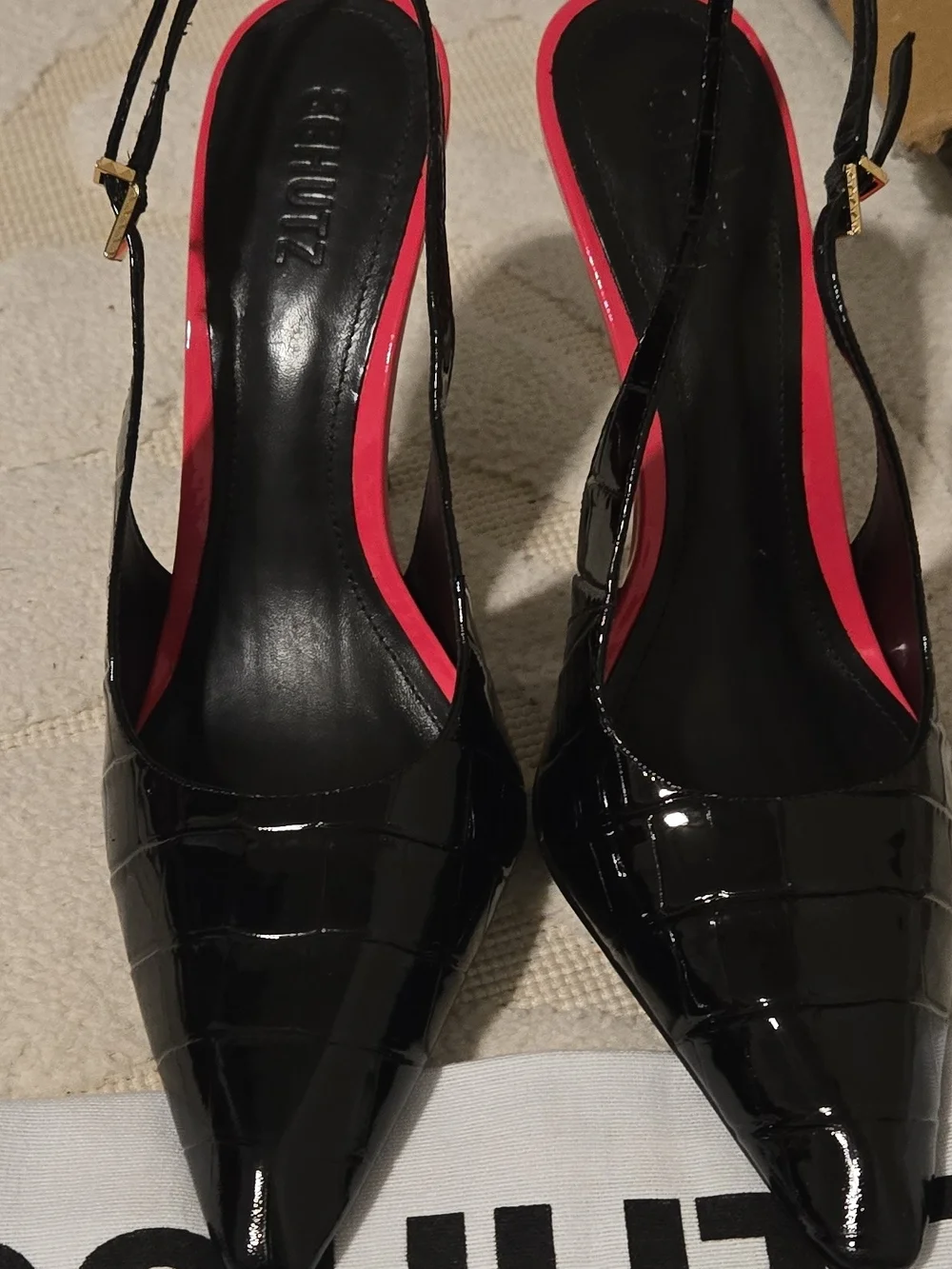 SCHUTZ Black Patent High Heel Sandals with Pink Accent